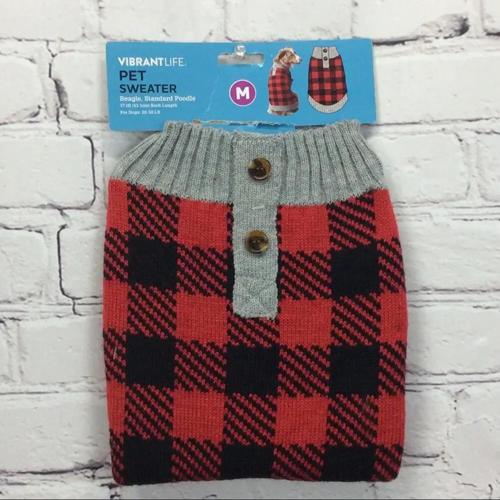 Vibrant Life Dog Sweater Size M Red/Black/Gray Buffalo Check Cozy Pet Lover Gift